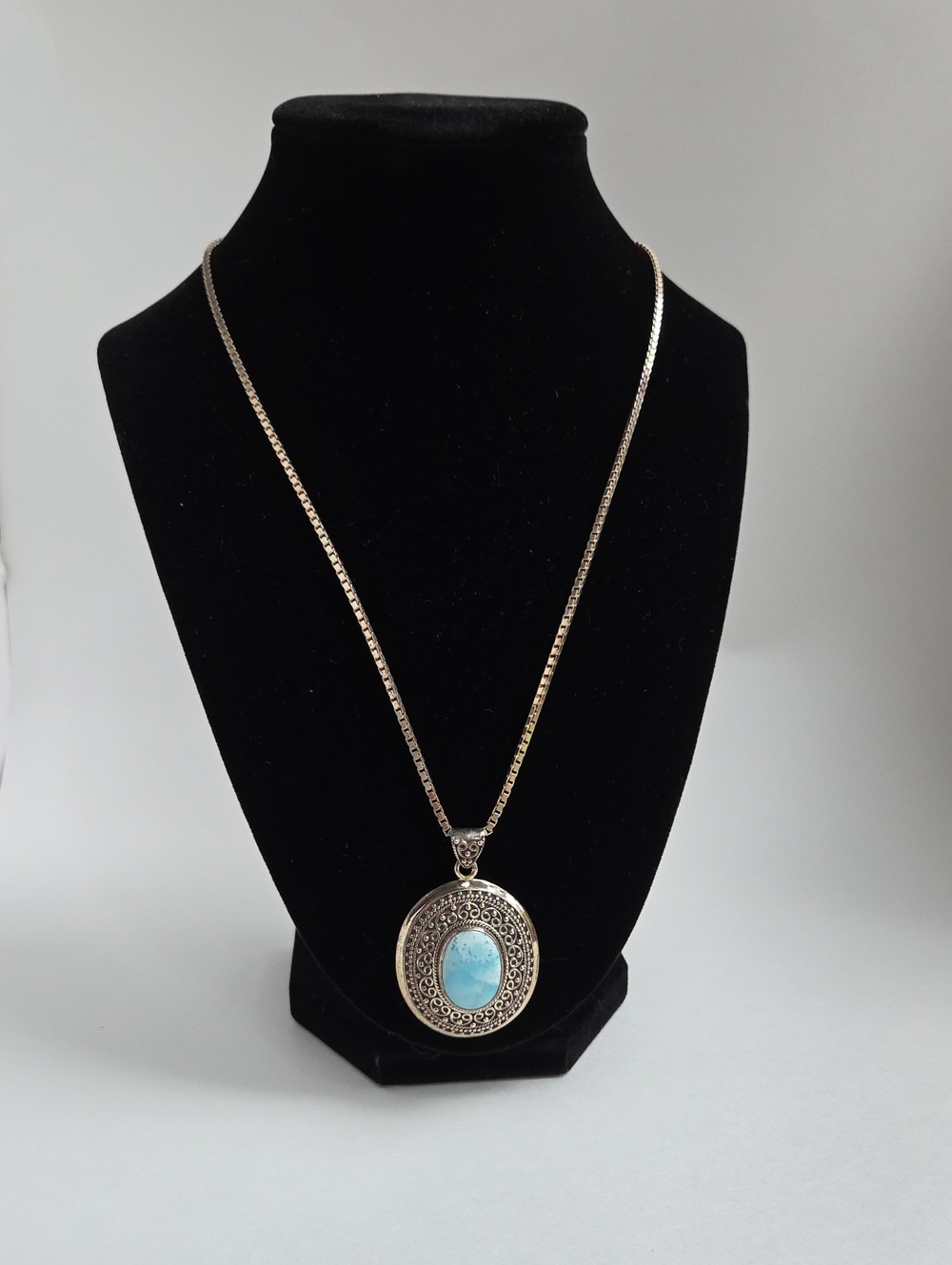 Sterling Silver Pendant Necklace with Larimar Cabochon Stone